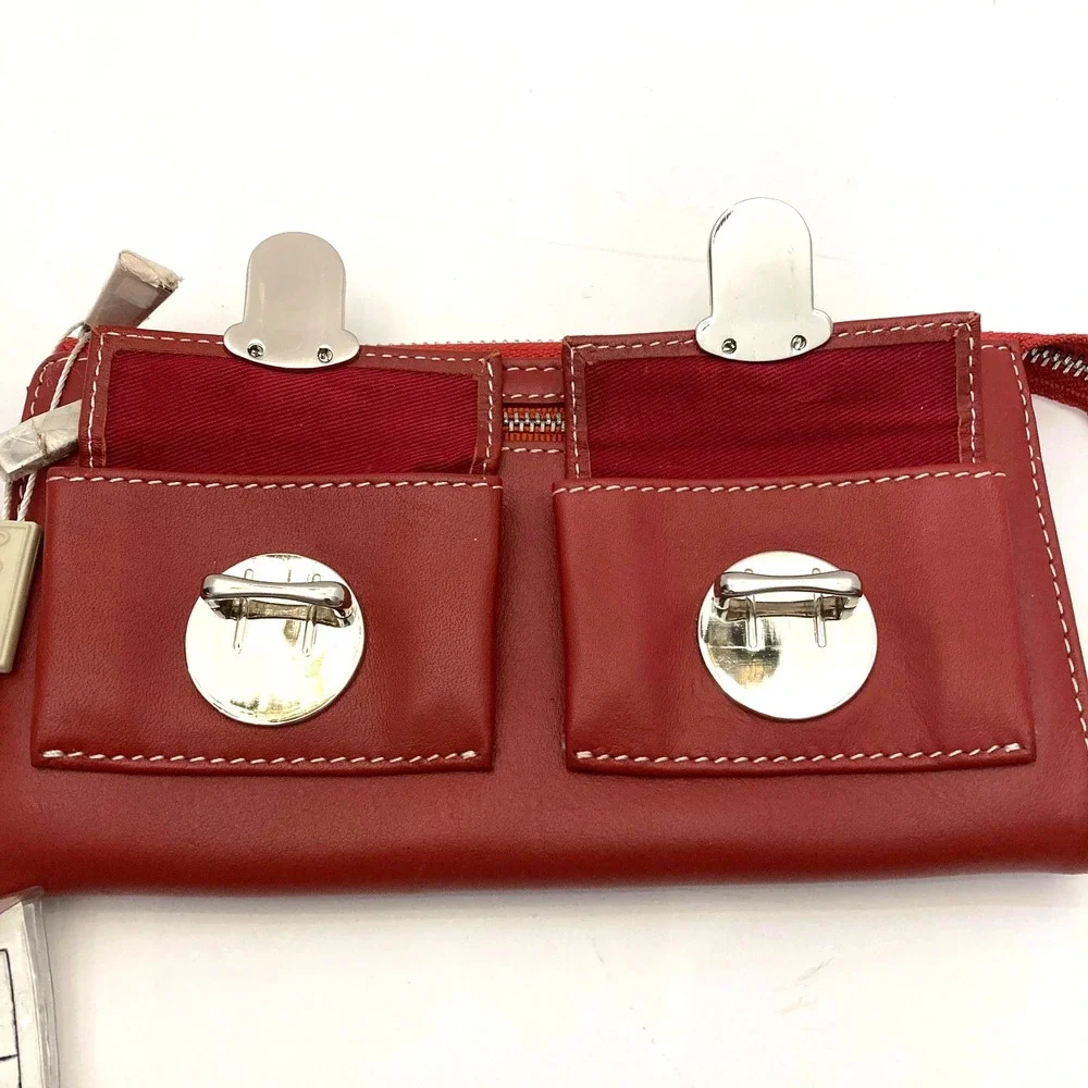 NWT Besso Red‎ Leather Wallet Double Clasp Pockets Zip Top Contrast Stitching